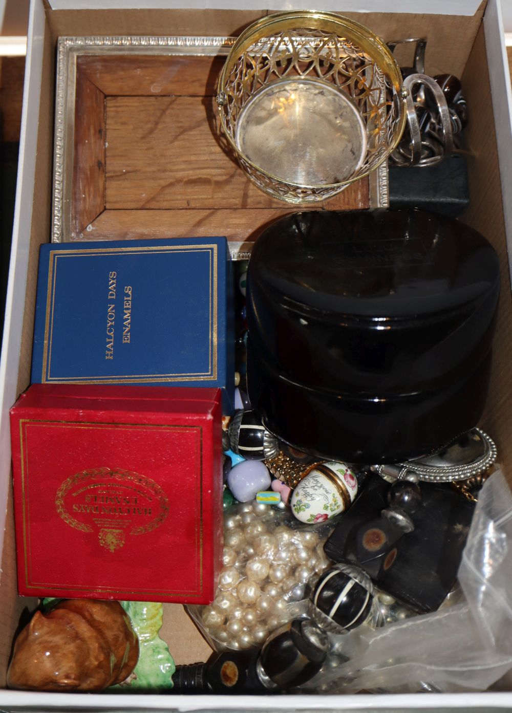 A box of costume jewellery, a white metal basket etc.